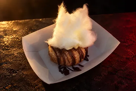 A chocolate drizzled cinnamon doughnut topped with fairy floss in warm evening light
